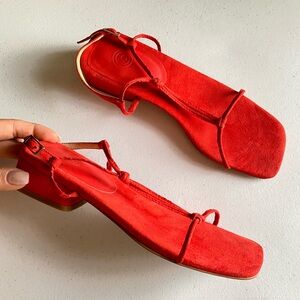 Urban Outfitters Size 7 Coral Red Faux Suede Leather Square Toe Ankle Strap Heel